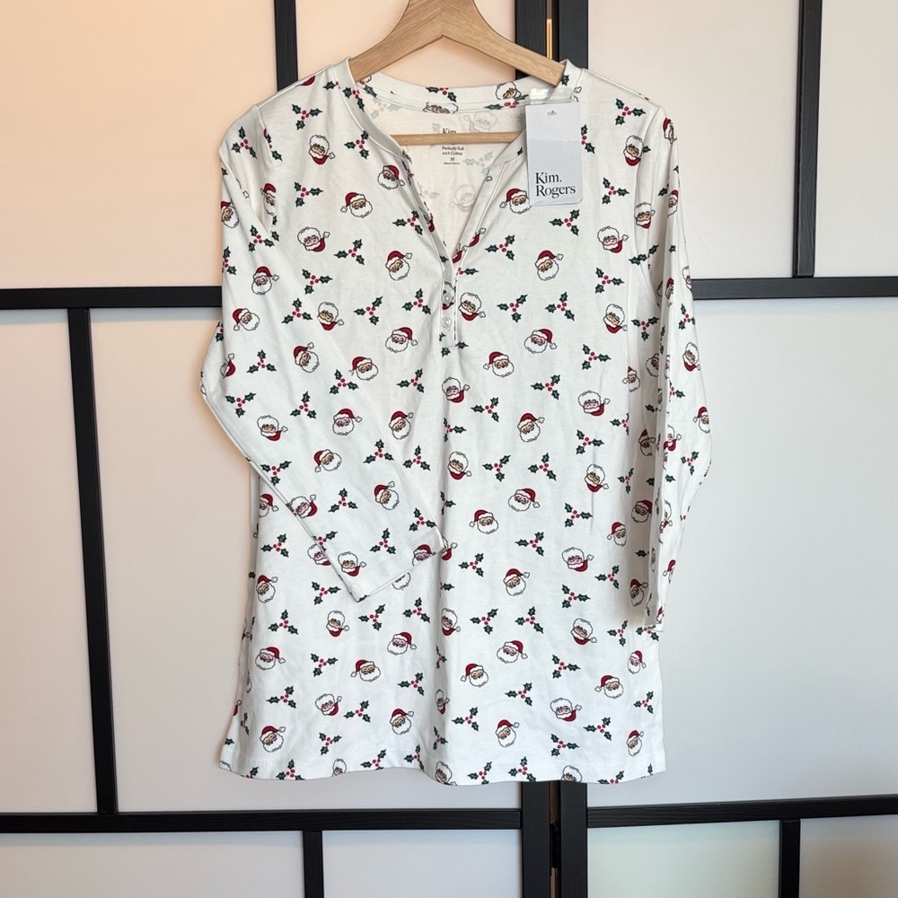 Kim Rogers Santa Claus Pajama Top Holiday Shirt 100% Cotton Size Medium. NWT